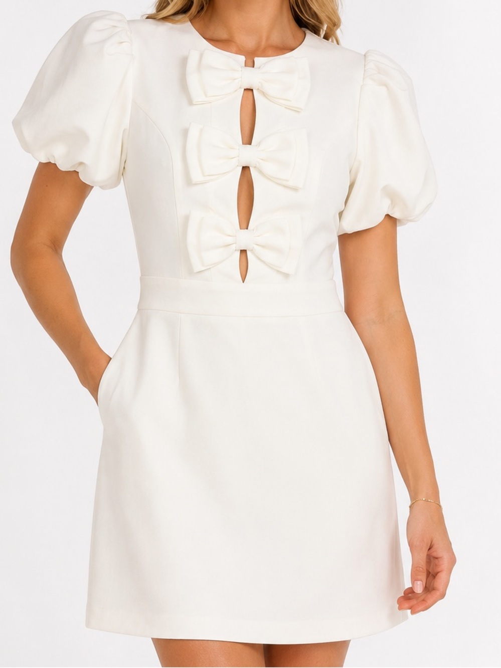 Mable White Bow Front Puff Sleeve Mini Dress Size Small Bridal Party Cottagecore